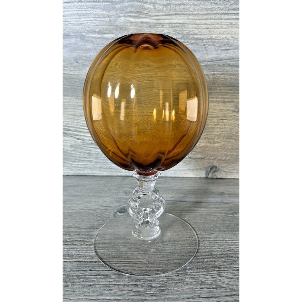 Vtg 30's Depression Era Cambridge Amber Vase Rib Optic Ivy Ball Keyhole Stem